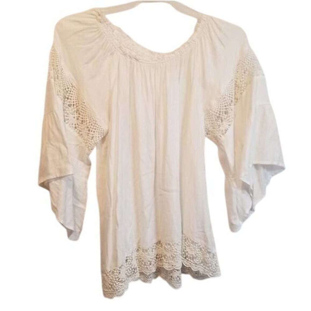 Mystree White Crochet Trim Top Bohemian Tunic Blouse Flowy 3/4 Sleeve Summer